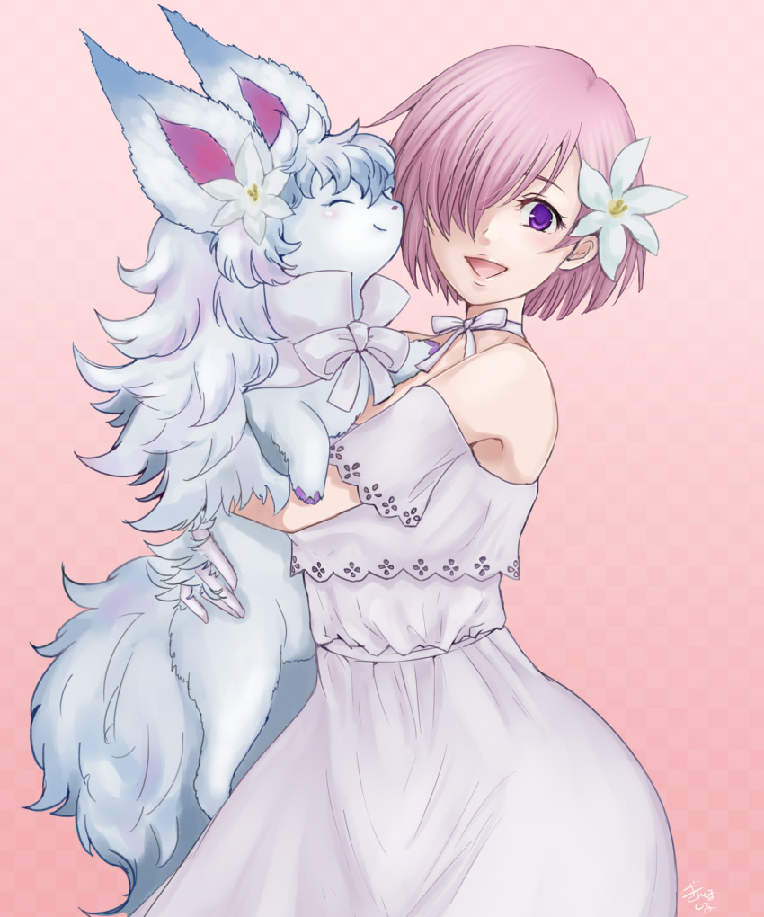 :d animal choker dress fate/grand_order fate_(series) flower fou_(fate/grand_order) ginshima_jill hair_flower hair_ornament hair_over_one_eye highres holding holding_animal looking_at_viewer mash_kyrielight open_mouth pink_background pink_hair purple_eyes ribbon ribbon_choker short_hair short_sleeves shoulder_cutout simple_background smile solo standing white_dress white_flower white_ribbon