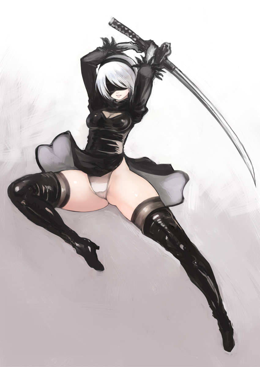 black_gloves black_legwear blindfold boots breasts cleavage commentary_request dress fighting_stance gloves hairband highres johan_(johan13) jumping leotard leotard_under_clothes nier_(series) nier_automata short_hair simple_background sword thigh_boots thighhighs thighs weapon white_background white_hair white_leotard wind wind_lift yorha_no._2_type_b