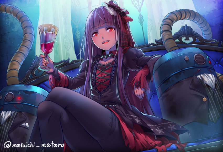:d bangs black_legwear blunt_bangs character_request crossed_legs cup drink drinking_glass flat_chest gothic_lolita indoors lolita_fashion long_hair long_sleeves machinery mataichi_mataro nail_polish ole_tower open_mouth pantyhose puffy_long_sleeves puffy_sleeves red_eyes red_nails sitting smile solo twitter_username wine_glass