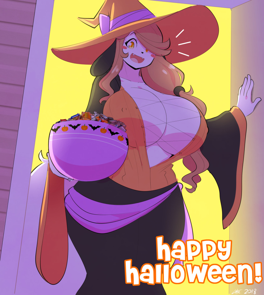 2018 5_fingers absurd_res anthro big_breasts big_tail black_bottomwear black_clothing black_pants blush bowl breasts brown_hair candy canine cleavage clothed clothing costume digital_media_(artwork) dog fangs female food front_view fur hair halloween hat hi_res holding_object holidays holly_applebee huge_breasts humanoid_hands long_hair looking_at_viewer magic_user mammal nipple_bulge open_mouth pants signature smile solo standing theycallhimcake trick_or_treat white_fur white_tail witch witch_hat yellow_eyes