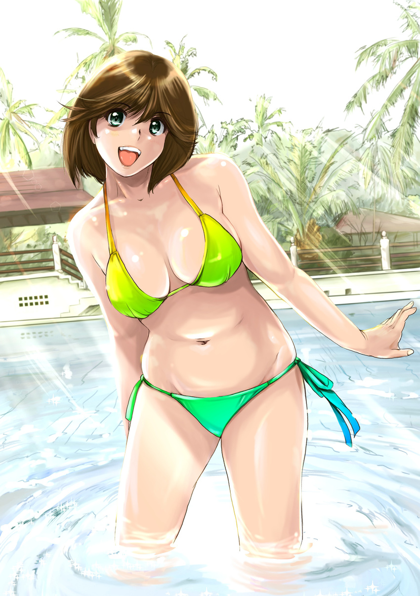 :d absurdres arms_at_sides bikini brown_hair collarbone contrapposto green_eyes highres light_rays looking_at_viewer open_mouth original pool round_teeth shiny shiny_skin short_hair shu-z smile solo standing sunlight swimsuit teeth wading water