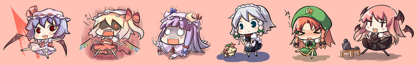 &gt;_&lt; angry bat_wings blonde_hair bow braid chibi closed_eyes computer crescent dog flandre_scarlet fuguno hair_bow hat head_wings highres hong_meiling izayoi_sakuya kemonomimi_mode koakuma laptop long_hair long_image multiple_girls o_o patchouli_knowledge purple_hair red_hair remilia_scarlet sharp_teeth short_hair side_ponytail silver_hair spear_the_gungnir teeth touhou twin_braids weapon wide_image wings