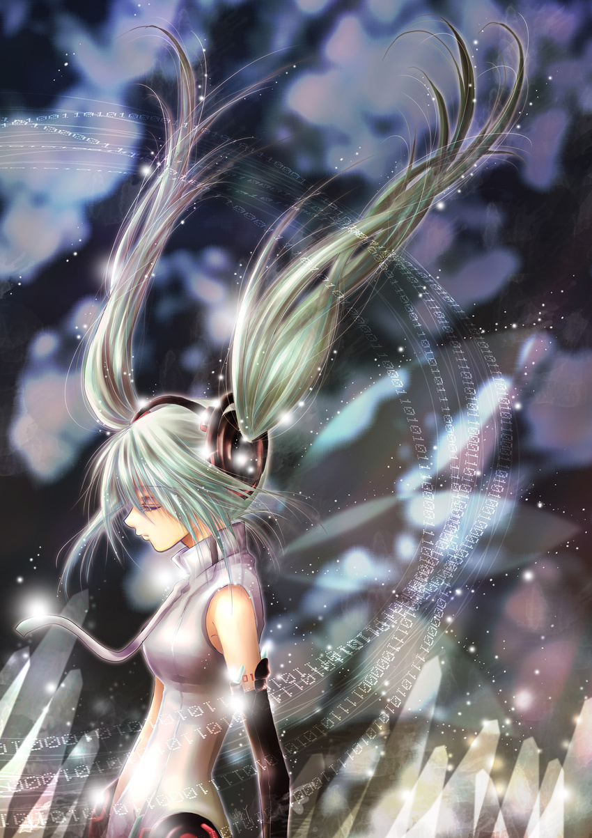 absurdres bad_id bad_pixiv_id binary bridal_gauntlets closed_eyes floating_hair green_hair hatsune_miku hatsune_miku_(append) highres long_hair navel necktie profile solo twintails very_long_hair vocaloid vocaloid_append yuuzuki_lily