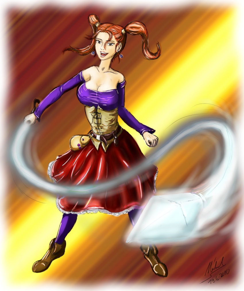 action dragon_quest dragon_quest_viii highres jessica_albert red_hair skirt solo twintails whip whip_swing