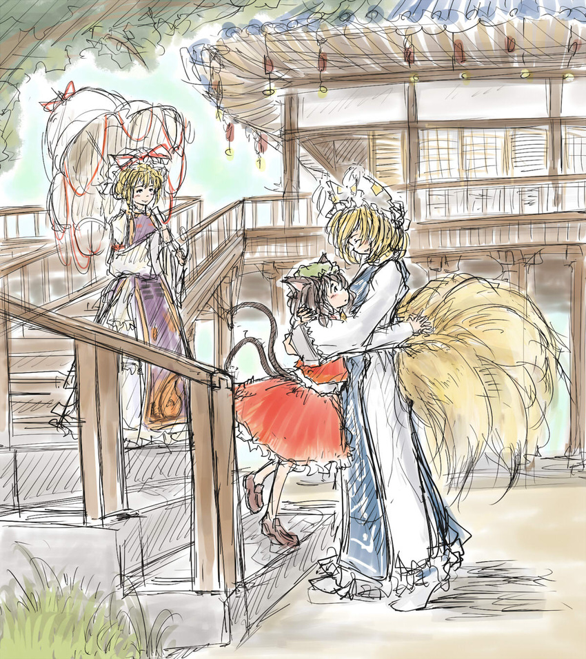 animal_ears blonde_hair blush brown_hair cat_ears cat_tail chen closed_eyes daro fox_tail hat highres hug mary_janes multiple_girls multiple_tails shoes sketch stairs tail touhou umbrella yakumo_ran yakumo_yukari