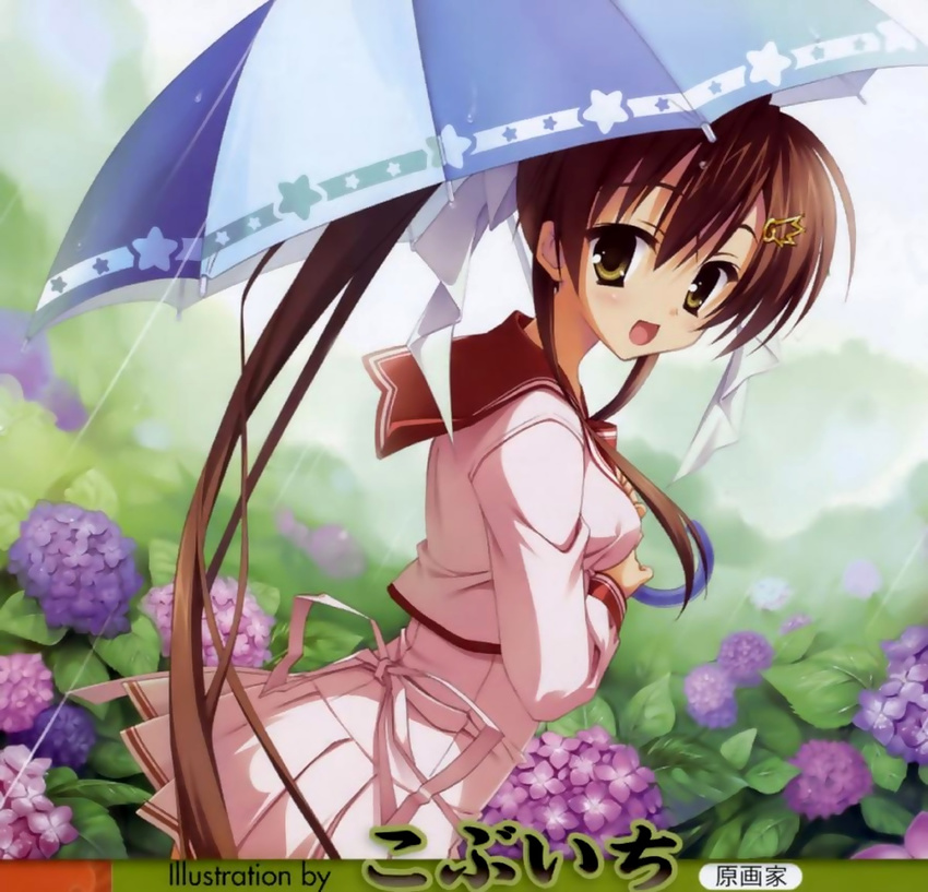 :d brown_hair dress flower hydrangea kobuichi looking_at_viewer looking_back open_mouth ponytail rain sailor_dress scan school_uniform smile solo tenshinranman umbrella yamabuki_aoi yellow_eyes