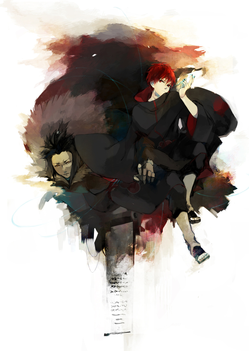 absurdres akatsuki_(naruto) akatsuki_uniform bad_id bad_pixiv_id black_hair highres lupicam male_focus naruto naruto_(series) puppet red_eyes red_hair sandals sasori solo toes weapon yellow_eyes