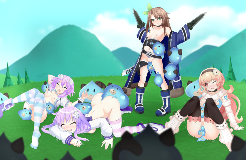 :d ;o ass bare_shoulders belt bestiality between_buttocks black_legwear black_shorts black_tubetop blue_coat blue_sky blush boots bottomless breasts brown_eyes brown_hair choker choujigen_game_neptune_the_animation clenched_teeth closed_eyes cloud cloudy_sky coat commentary compa d-pad d-pad_hair_ornament day detached_sleeves dogoo dress dual_wielding english_commentary full_body grass green_eyes hair_between_eyes hair_ornament hairband hand_behind_head hands_up holding holding_sword holding_weapon if_(choujigen_game_neptune) jacket knees_together_feet_apart knees_up leaf_hair_ornament long_hair long_sleeves lying meadow medium_breasts medium_hair mountain multiple_girls navel nepgear neptune_(choujigen_game_neptune) neptune_(series) nipples no_bra no_panties off_shoulder on_back on_grass on_ground one_eye_closed open_clothes open_coat open_jacket open_mouth outdoors purple_hair pussy sailor_dress santystuff short_sleeves shorts shorts_around_one_leg single_boot sky small_breasts smile spread_legs standing strapless striped striped_legwear sword teeth thigh_boots thighhighs top-down_bottom-up tree trembling tubetop tubetop_pull vaginal weapon white_choker white_footwear wide_sleeves