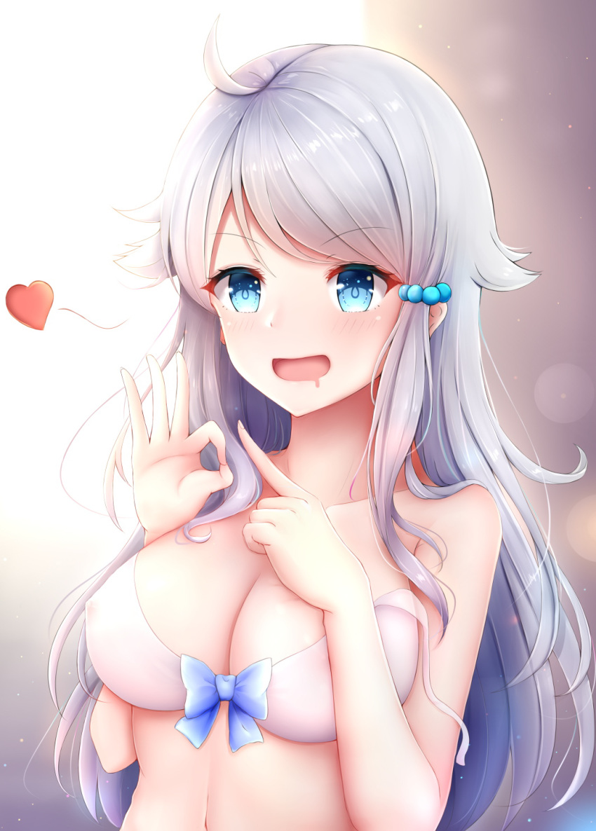 :d ahoge bangs blurry blurry_background blush bow bow_bra bra breasts cleavage collarbone covered_nipples depth_of_field drooling endsmall_min eyebrows_visible_through_hair fingernails hair_between_eyes hair_flaps hair_ornament hands_up highres imouto_sae_ireba_ii kani_nayuta large_breasts long_hair looking_at_viewer navel ok_sign open_mouth sidelocks silver_hair smile solo underwear upper_body very_long_hair white_bra