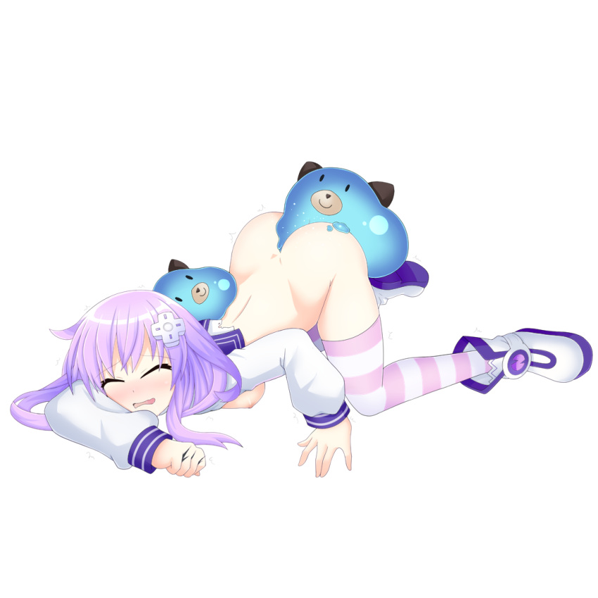 ass bestiality between_buttocks blush boots bottomless breasts choujigen_game_neptune_the_animation closed_eyes d-pad d-pad_hair_ornament dogoo dress full_body hair_between_eyes hair_ornament long_hair nepgear neptune_(series) nipples open_mouth sailor_dress santystuff small_breasts solo striped striped_legwear thighhighs top-down_bottom-up transparent_background trembling