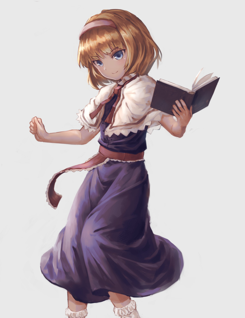 absurdres alice_margatroid bangs blonde_hair blue_eyes book capelet closed_mouth dress eyebrows_visible_through_hair hairband highres holding holding_book nob1109 open_book pink_hairband purple_dress short_hair smile solo touhou white_capelet