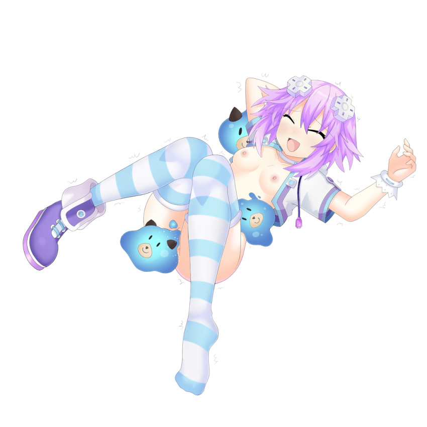 :d ass bestiality boots bottomless breasts choker choujigen_game_neptune_the_animation closed_eyes hand_behind_head hands_up jacket knees_together_feet_apart knees_up lying neptune_(choujigen_game_neptune) neptune_(series) nipples no_bra on_back open_clothes open_jacket open_mouth pussy santystuff short_sleeves single_boot small_breasts smile solo striped striped_legwear thighhighs transparent_background trembling vaginal white_choker