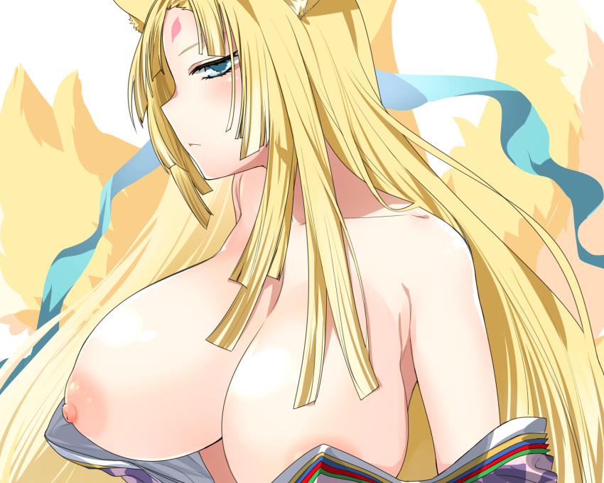 animal_ears areolae blonde_hair blue_eyes breasts commentary fox_ears highres kitsune large_breasts long_hair looking_at_viewer looking_to_the_side nipples off_shoulder omachi rance_(series) sengoku_rance sicosour2 simple_background solo white_background