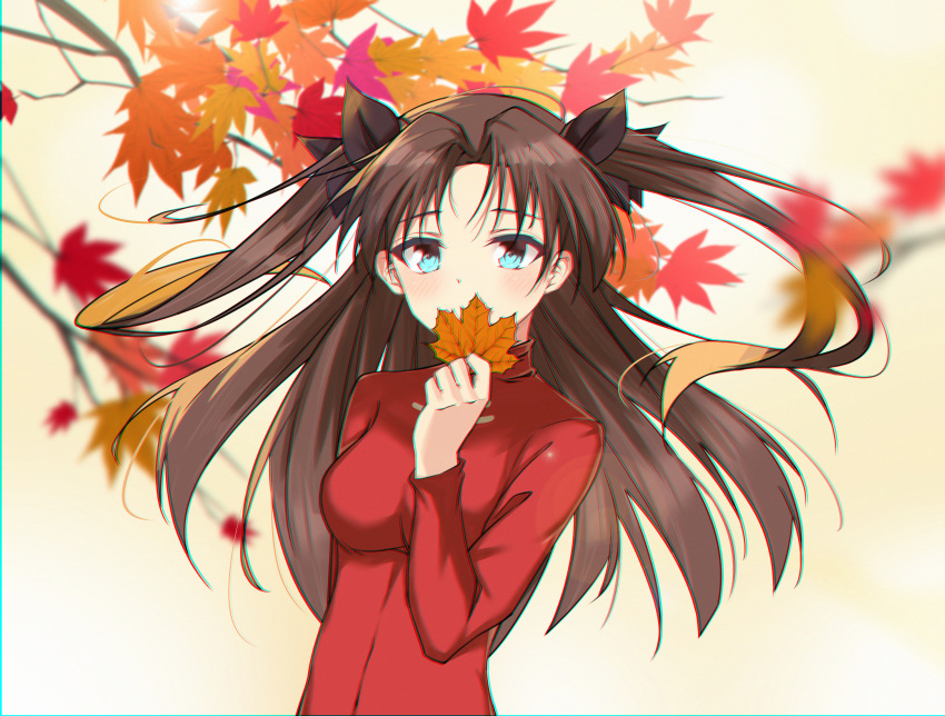 absurdres aqua_eyes autumn_leaves black_bow bow breasts brown_hair fate/stay_night fate_(series) floating_hair hair_bow highres leaf long_hair long_sleeves looking_at_viewer maple_leaf medium_breasts qingchen_(694757286) red_shirt shirt solo toosaka_rin twintails upper_body very_long_hair white_background