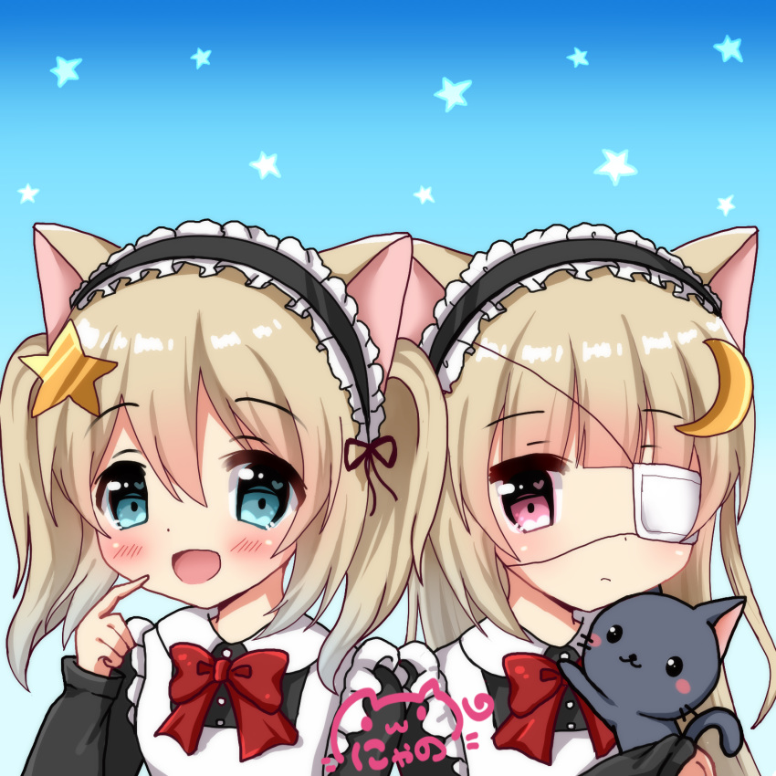 :d animal animal_ears apron bangs black_cat black_dress black_hairband blonde_hair blue_background blue_eyes blush bow cat cat_ears closed_mouth collared_dress commentary_request crescent crescent_hair_ornament dress eyebrows_visible_through_hair eyepatch finger_to_mouth frilled_apron frilled_hairband frills hair_between_eyes hair_ornament hairband heart heart_in_eye highres long_hair long_sleeves maid maid_apron medical_eyepatch multiple_girls nyano21 open_mouth original red_bow red_eyes siblings sidelocks signature sisters smile star star_hair_ornament symbol_in_eye twins twintails very_long_hair white_apron