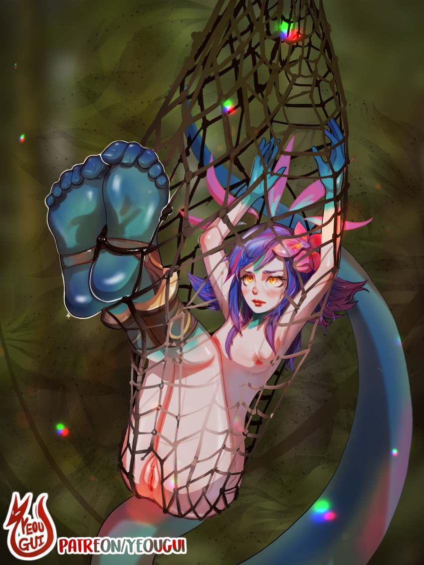 1girl artist_name bdsm blush bondage bound breasts clitoris feet flower hair_flower hair_ornament league_of_legends lipstick lizard_girl lizard_tail makeup mascara multicolored multicolored_hair multicolored_skin neeko_(league_of_legends) net nipples nude patreon_username pussy short_hair slit_pupils soles solo suspended tail toes trapped uncensored yellow_eyes yeougui