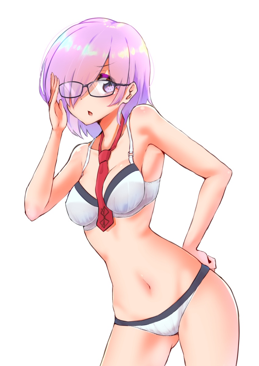 adjusting_eyewear ass_visible_through_thighs between_breasts bra breasts contrapposto cowboy_shot crotch_seam eyebrows_visible_through_hair fate/grand_order fate_(series) frown glasses hair_over_one_eye hand_on_hip highres lace lace-trimmed_bra lace-trimmed_panties lavender_hair light_blush looking_at_viewer mash_kyrielight medium_breasts navel necktie open_mouth panties purple_eyes red_neckwear sarujie_(broken_monky) short_hair simple_background solo standing underwear underwear_only white_background white_bra white_panties