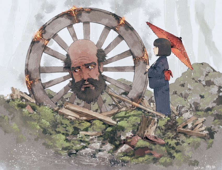 1girl absurdres bald beard commentary_request facial_hair fire highres holding holding_umbrella japanese_clothes kimono long_sleeves moss mustache obi oriental_umbrella original outdoors profile purple_kimono red_umbrella rock ruins sash standing umbrella wanyuudou_(mythology) wheel wide_sleeves yellow_eyes youkai zennosuke