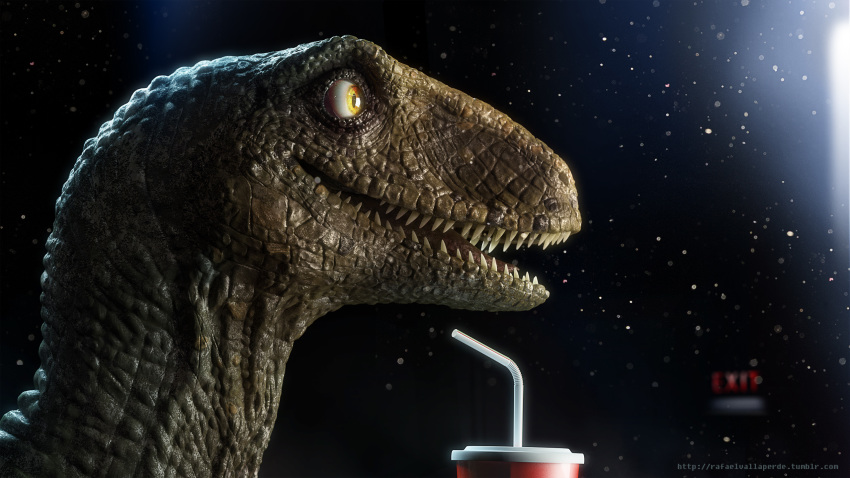 2012 ambiguous_gender beverage dinosaur hi_res rafael_vallaperde raptor scales sharp_teeth smile soda straw teeth theropod tongue yellow_eyes