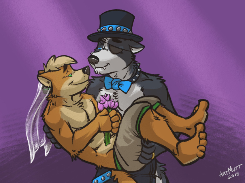 anthro bow_tie bridal_carry canine clothed clothing duo fox fox_mccloud k-9 male male/male mammal muscular muscular_male nintendo ring romantic_couple star_fox topless video_games wedding wedding_ring wolf wolf_o'donnell