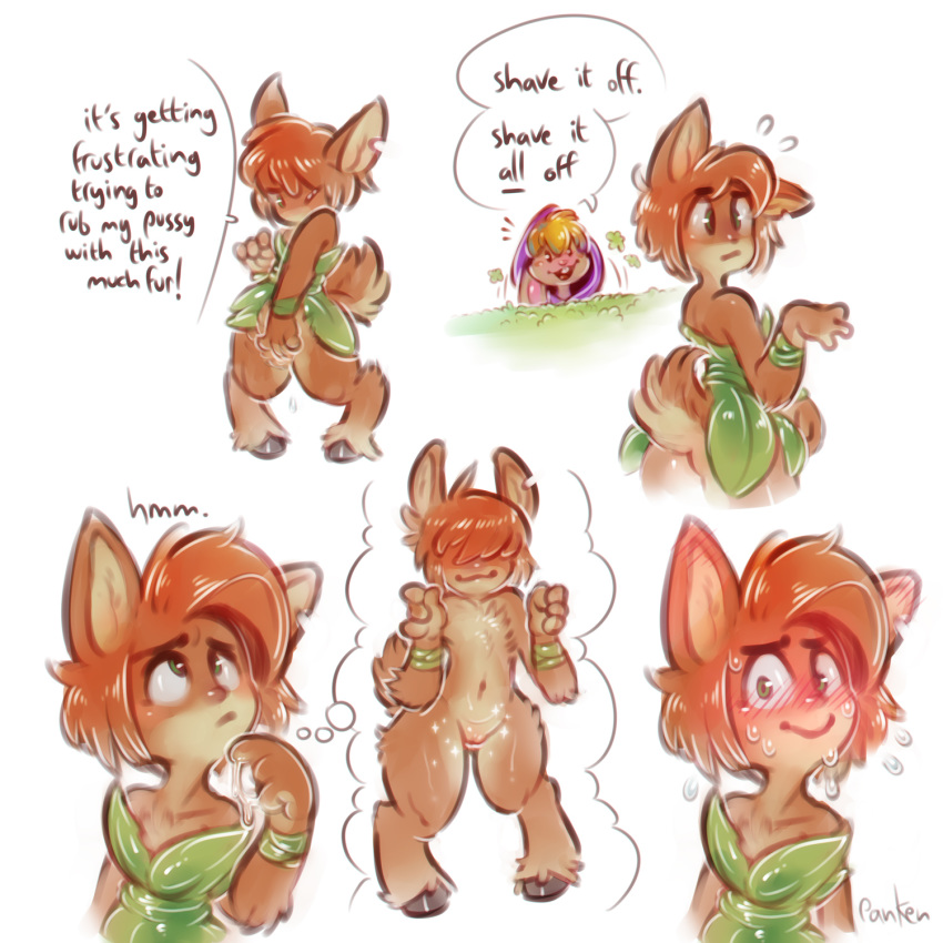 2018 4_fingers anthro arm_wraps bianca_(spyro) blush bottomless buckteeth cervine clothed clothing dialogue digital_media_(artwork) elora embarrassed english_text faun female flat_chested fur green_eyes hair hedge hood hooves humanoid_hands lagomorph leaf_clothing looking_at_viewer mammal masturbation navel nude orange_fur panken pussy pussy_juice rabbit shaved_pussy short_hair signature simple_background skirt smile solo speech_bubble spyro_the_dragon standing surprise sweat teeth text thinking thought_bubble underwear video_games white_background wraps