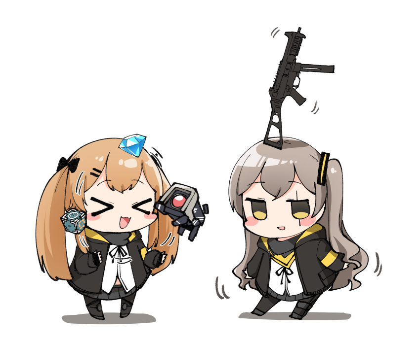 &gt;_&lt; :3 :d armband balancing balancing_on_head black_gloves black_jacket black_legwear blush blush_stickers brown_hair chibi closed_eyes commentary core_(girls_frontline) cube detergent diamond dinergate_(girls_frontline) fingerless_gloves girls_frontline gloves grey_hair gun hair_ornament hairclip highres hood hood_down hooded_jacket jacket juggling junsuina_fujunbutsu long_hair looking_at_viewer multiple_girls object_on_head one_side_up open_clothes open_jacket open_mouth scar scar_across_eye simple_background smile submachine_gun twintails ump45_(girls_frontline) ump9_(girls_frontline) weapon white_background xd
