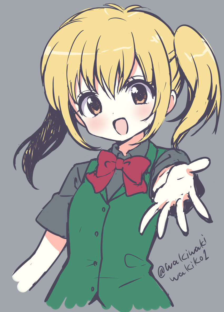 :d absurdres bangs blush bow bowtie breasts brown_eyes commentary_request cropped_torso eyebrows_behind_hair green_vest grey_background grey_shirt hair_between_eyes head_tilt highres looking_at_viewer minami_kaede neki_(wakiko) open_mouth outstretched_arm red_neckwear school_uniform shirt short_sleeves sidelocks simple_background sketch small_breasts smile solo twintails twitter_username upper_body vest wagamama_fairy_mirumo_de_pon!
