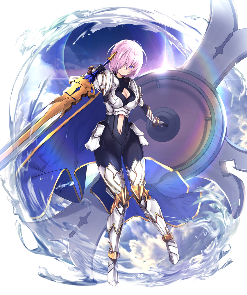 1girl armor armored_boots arondight blush boots breasts cape cleavage closed_mouth collarbone cosplay eyebrows_visible_through_hair fate/grand_order fate_(series) hair_between_eyes hair_over_one_eye highres holding holding_shield holding_sword holding_weapon knight lancelot_(fate/grand_order) lancelot_(fate/grand_order)_(cosplay) large_breasts looking_at_viewer mash_kyrielight navel pink_hair purple_eyes shield short_hair smile solo sword untsue weapon