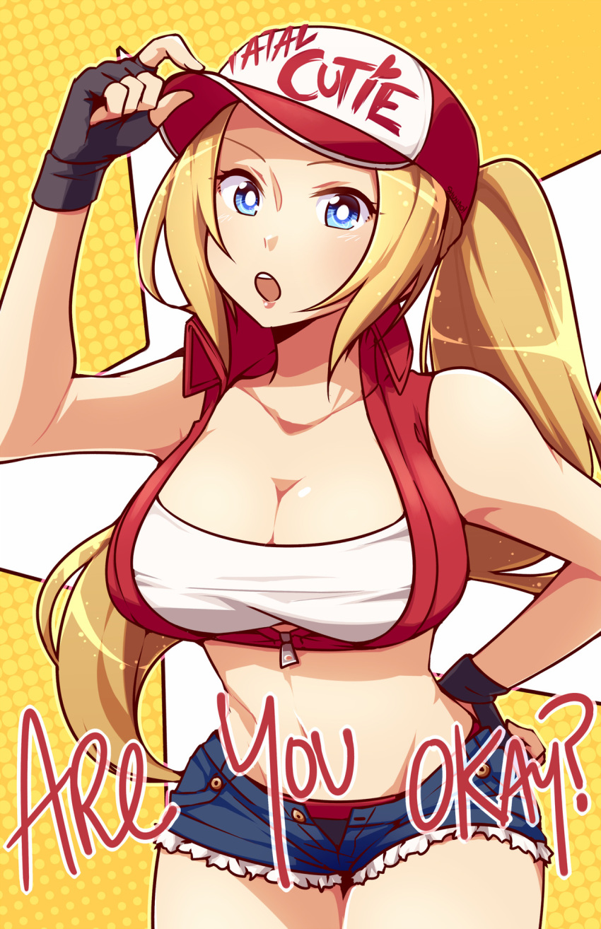 bare_shoulders blonde_hair blue_eyes breasts cleavage collarbone commentary cowboy_shot crop_top denim denim_shorts english english_commentary fatal_fury fingerless_gloves genderswap genderswap_(mtf) gloves hand_on_hip hat highres large_breasts long_hair lyn_(shunao) navel open_mouth panties polka_dot polka_dot_background ponytail short_shorts shorts snk_heroines:_tag_team_frenzy terry_bogard unbuttoned underwear white_pupils yellow_background zipper