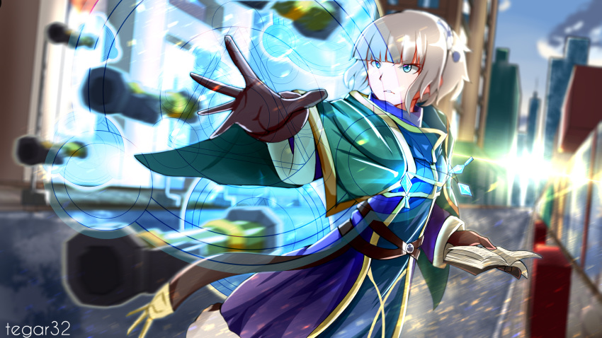 artist_name bangs blue_eyes blunt_bangs breasts brown_gloves capelet foreshortening gloves grey_hair highres meteora_osterreich outstretched_arm re:creators rocket_launcher short_hair solo tegar32 weapon