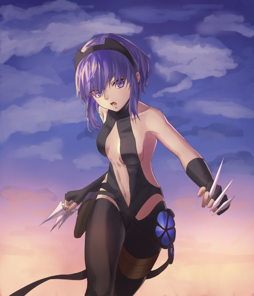 1girl 7aehyun bare_shoulders black_gloves black_hairband black_legwear black_leotard breasts center_opening cloud cloudy_sky cowboy_shot fate/prototype fate/prototype:_fragments_of_blue_and_silver fate_(series) fingerless_gloves flower_ornament gloves hairband hassan_of_serenity_(fate) highres holding holding_knife holding_weapon knife kunai leggings leotard looking_at_viewer navel open_mouth purple_eyes purple_hair short_hair sky small_breasts solo thigh_strap weapon