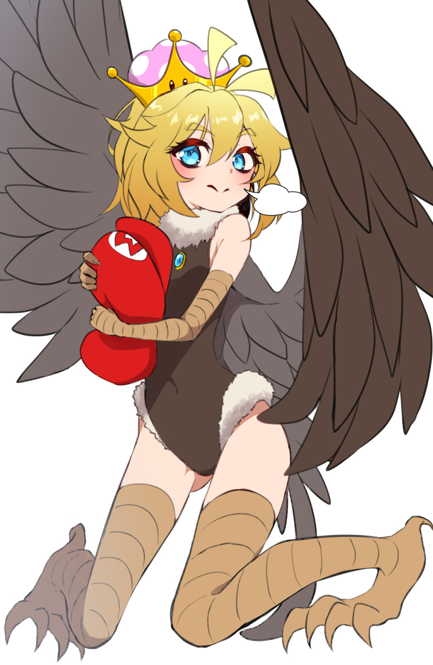 =3 antenna_hair ass_visible_through_thighs bangs bird_legs bird_wings black_leotard blonde_hair blue_eyes blush broom brown_wings cabbie_hat closed_mouth commentary_request crown eyebrows_visible_through_hair full_body fur-trimmed_leotard fur_trim hat highres holding holding_hat klepto kneeling leotard long_hair looking_at_viewer mario_(series) new_super_mario_bros._u_deluxe partial_commentary sarujie_(broken_monky) simple_background smile snort solo super_crown super_mario_64 super_mario_bros. talons white_background wings