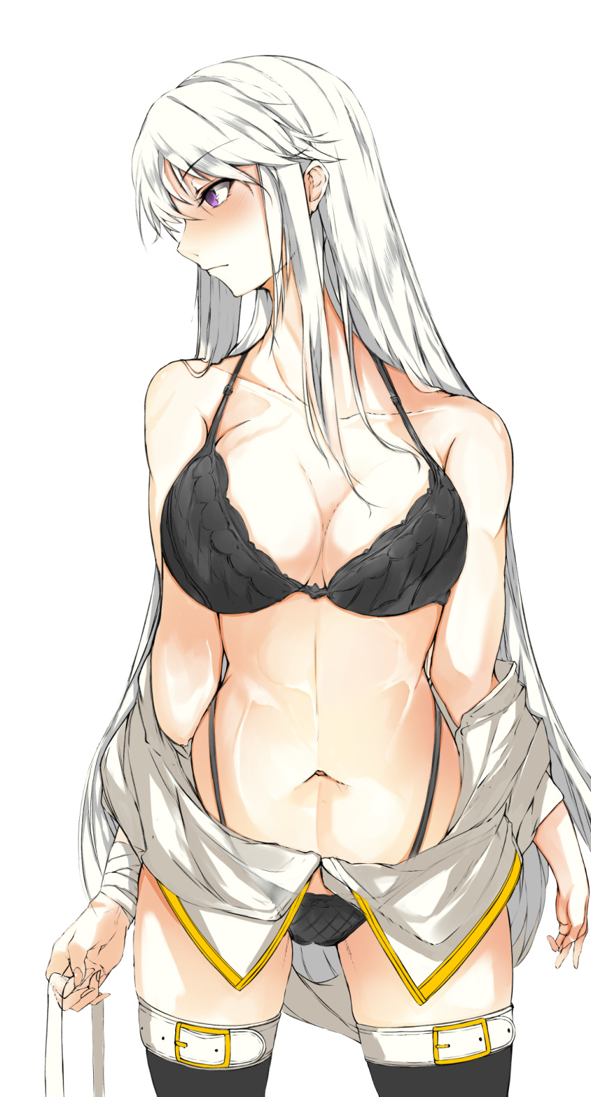 azur_lane bandages black_bra bra breasts cleavage collarbone commentary cowboy_shot enterprise_(azur_lane) eyebrows_visible_through_hair highleg highleg_panties highres large_breasts long_hair navel otsunabe_(naabe_delta) panties purple_eyes scar shirt shirt_removed sidelocks silver_hair sleeveless sleeveless_shirt thighhighs underwear white_background white_shirt