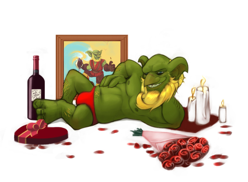 &lt;3 alcohol beard bedroom_eyes beverage blonde_hair boz-potatoz bulge candle chocolate_box clothed clothing facial_hair goblin grin hair half-closed_eyes humanoid looking_at_viewer male nipples not_furry picture_frame pose rosebud scar seductive smile smirk solo suggestive topless underwear video_games warcraft wine