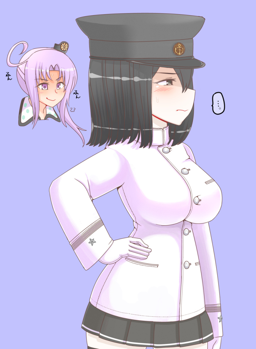 akitsu_maru_(kantai_collection) akitsushima_(kantai_collection) black_eyes black_hair black_hat blush commentary_request gloves hat highres kantai_collection military military_hat military_uniform mini_hat multiple_girls nb_(pixiv594732) peaked_cap purple_eyes remodel_(kantai_collection) short_hair side_ponytail sweat translation_request uniform white_gloves white_uniform