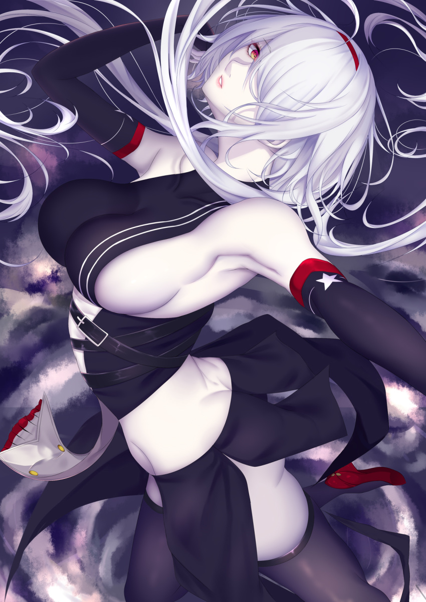 arm_strap armpits ass azur_lane bangs belt belt_buckle belt_collar black_skirt breasts buckle butt_crack coat colorado_(azur_lane) commentary_request detached_sleeves dress expressionless floating_hair hair_over_one_eye hairband highres jacket large_breasts long_hair looking_at_viewer medium_breasts multiple_straps off_shoulder outstretched_arm pale_skin parted_lips pelvic_curtain red_eyes red_hairband shiro_usagi sideboob sidelocks silver_hair skindentation skirt sleeveless sleeveless_dress solo twisted_torso white_hair wide_sleeves wind wind_lift