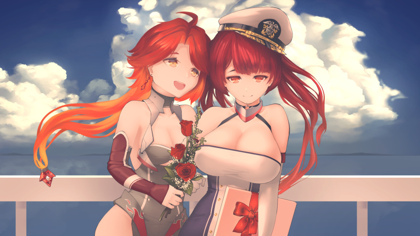 2girls ahoge azur_lane bare_shoulders blue_sky box breasts cleavage cloud commentary covered_nipples earrings elbow_gloves english_commentary flower gift gift_box gloves highres holding holding_flower holding_gift honolulu_(azur_lane) jewelry large_breasts long_hair looking_at_viewer multiple_girls open_mouth orange_eyes phoenix_(azur_lane) ponytail railing red_hair rose siblings sisters sky small_breasts smile tamasu twintails yellow_eyes