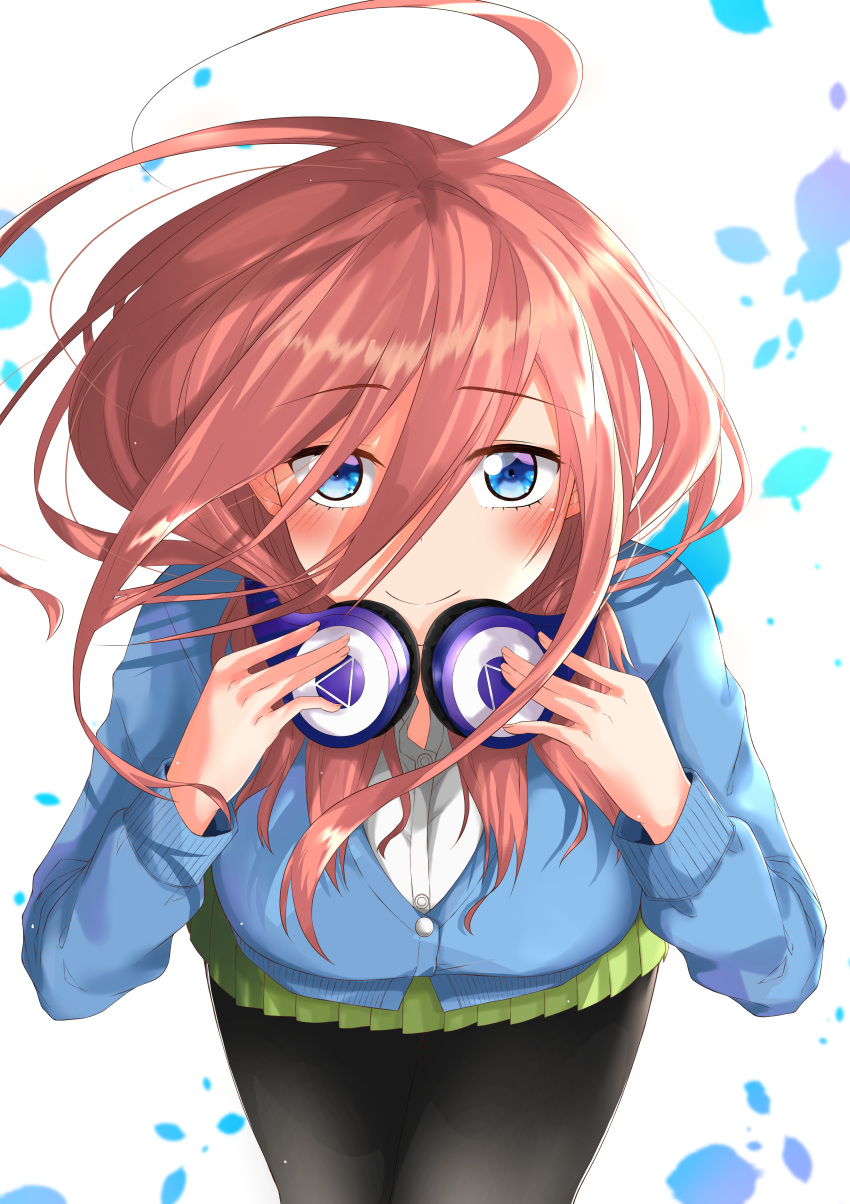 1girl absurdres bangs bending_forward black_legwear blue_eyes blue_sweater blush breasts closed_mouth color_iroha commentary_request eyebrows_visible_through_hair fingernails go-toubun_no_hanayome green_skirt hair_between_eyes headphones headphones_around_neck highres legs long_sleeves looking_at_viewer medium_breasts nakano_miku pantyhose red_hair shirt skirt smile solo sweater thighs white_shirt