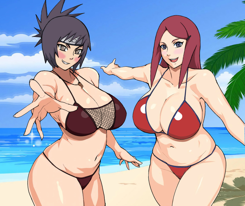 2girls bikini black_hair blue_eyes blush breasts brown_eyes cleavage curvy female fishnets grin large_breasts long_hair looking_at_viewer mitarashi_anko multiple_girls naruho naruto naruto_(series) navel open_mouth red_hair short_hair smile standing swimsuit uzumaki_kushina wide_hips