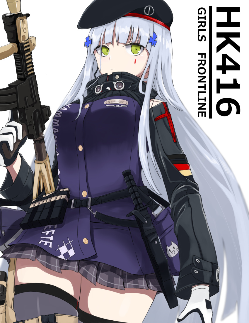 absurdres assault_rifle bangs belt beret black_legwear blunt_bangs breasts character_name combat_knife commentary eyebrows_visible_through_hair facial_mark girls_frontline gloves green_eyes gun hair_ornament hat heckler_&amp;_koch highres hk416 hk416_(girls_frontline) holding holding_gun holding_weapon holstered_weapon kamatama knife long_hair looking_at_viewer magazine_(weapon) medium_breasts plaid plaid_skirt revision rifle sidelocks silver_hair skirt solo teardrop thighhighs trigger_discipline very_long_hair weapon