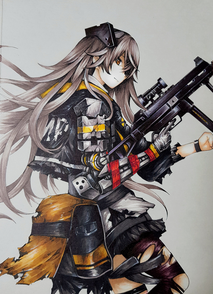 brown_eyes brown_hair commentary_request cowboy_shot from_side girls_frontline gloves gun h&amp;k_ump h&amp;k_ump45 hair_over_face heckler_&amp;_koch highres holding holding_gun holding_weapon hood hooded_jacket jacket lave2600 long_hair looking_at_viewer mechanical_arm medium_request messy_hair mod3_(girls_frontline) pouch profile single_glove standing submachine_gun torn_clothes torn_legwear traditional_media trigger_discipline ump45_(girls_frontline) vertical_foregrip weapon