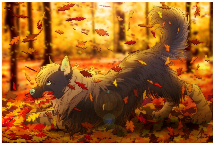 2018 ambiguous_gender ass_up autumn blue_eyes blue_nose blurred_background border canine claws day detailed_background digital_media_(artwork) digitigrade dog falling_leaves feral forest fur inkrend leaf leaves lens_flare long_fur mammal object_in_mouth outside paws play_bow_pose playful raised_tail side_view snout solo striped_fur stripes tree white_border