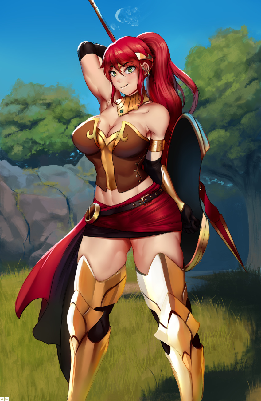 1girl armor cowboy eyes female green hair jlullaby polearm pyrrha_nikos red rwby shot spear tiara weapon western