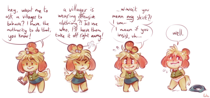 :&lt; animal_crossing anthro blush bottomless canine clothed clothing comic dialogue discarded_clothing dog embarrassed english_text female fur isabelle_(animal_crossing) looking_at_viewer looking_away mammal nintendo panken panties shih_tzu simple_background skirt solo standing sweat tailwag text underwear undressing video_games wagging white_background yellow_fur