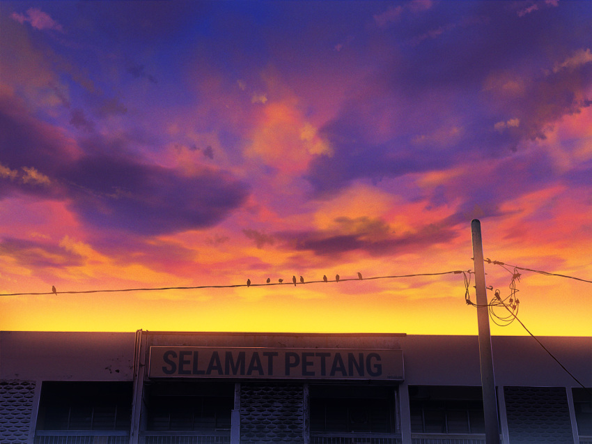 bird building cloud cloudy_sky commentary english_commentary highres making_of malay mclelun no_humans orange_sky original outdoors power_lines scenery sign sky twilight