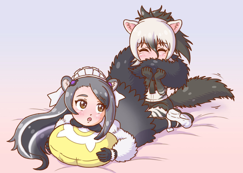 :o ^_^ aardwolf_(kemono_friends) aardwolf_ears aardwolf_tail anteater_ears anteater_tail black_hair brown_eyes closed_eyes commentary_request elbow_gloves eyebrows_visible_through_hair fluffy giant_anteater_(kemono_friends) gloves grey_hair hair_between_eyes hair_ornament highres japari_symbol kemono_friends long_hair looking_back lying maid_headdress multicolored_hair multiple_girls on_back pillow ponytail shorts tail tail_hug white_hair yosiyuki_yosizou