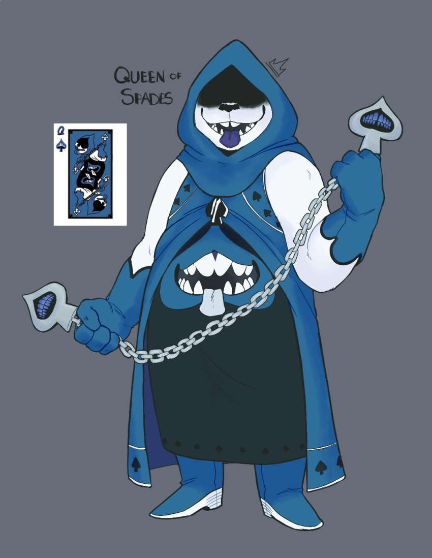 &spades; 2018 2_mouths 4_fingers ambiguous_species anthro biped black_nose blue_tongue boots canine cape card chain character_name clothed clothing cool_colors covered_eyes deltarune digital_media_(artwork) english_text faceless_female fan_character female flat_chested footwear front_view full-length_portrait fully_clothed gloves grey_background hi_res holding_object holding_weapon hood humanoid_hands leestei mammal multi_mouth open_mouth open_smile overweight overweight_female plantigrade playing_card portrait queen_of_spades robe sharp_teeth simple_background smile solo spades standing stomach_mouth suit_symbol teeth text tongue tongue_out video_games weapon white_body white_tongue