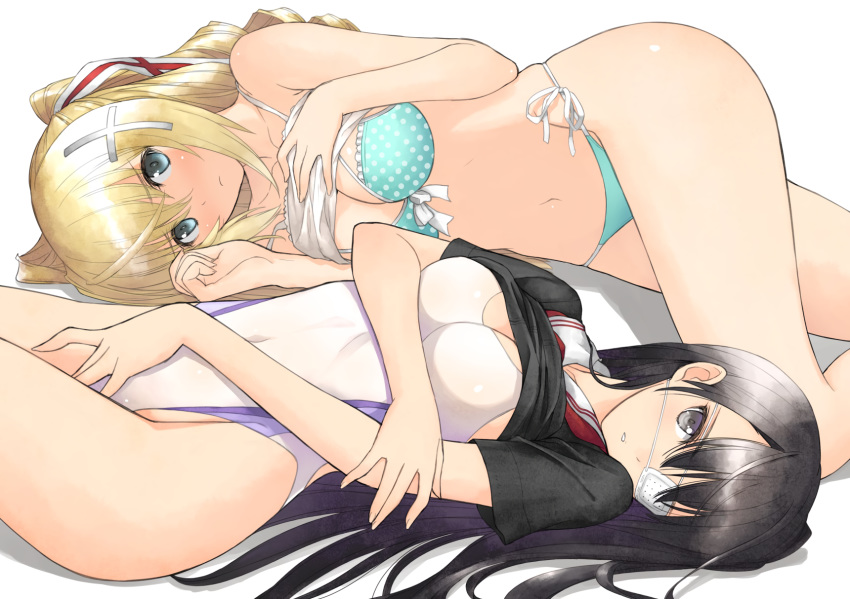 2girls aqua_eyes bikini black_eyes black_hair blonde_hair breast_hold breasts cleavage eyepatch long_hair navel seifuku shirt_lift sister_blood swimsuit tagme_(character) taka_tony twintails