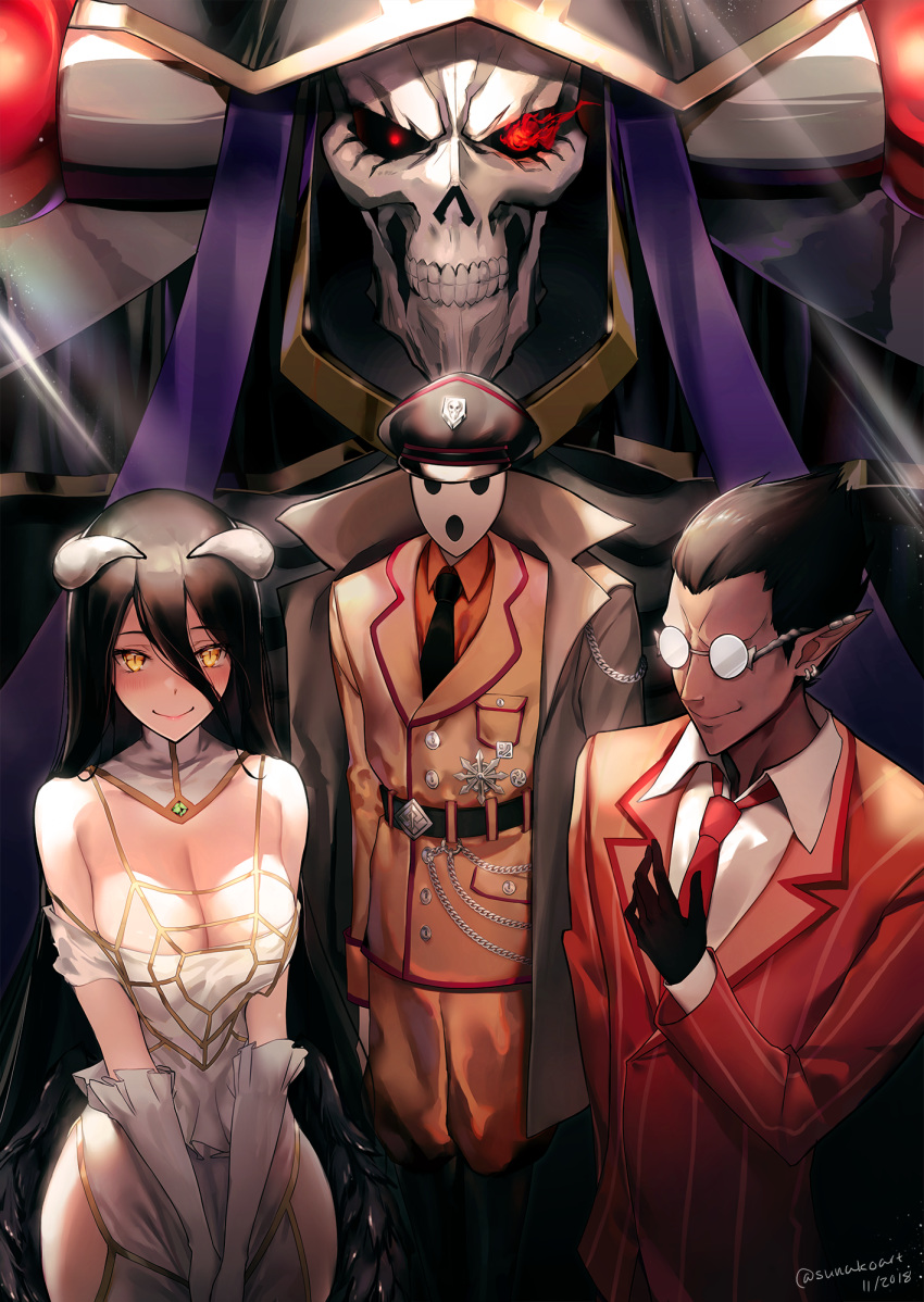 3boys ainz_ooal_gown albedo artist_name black_hair blush breasts cleavage coat dated demiurge demon_boy demon_girl demon_horns dress formal glasses gloves hair_between_eyes hat highres hip_vent hips horns jacket large_breasts long_hair looking_at_viewer military military_uniform multiple_boys necktie noh_mask orange_jacket overcoat overlord_(maruyama) pandora's_actor peaked_cap pinstripe_pattern pointy_ears red_neckwear skeleton slit_pupils smile spiked_hair striped suit sunako_(veera) teeth uniform v_arms very_long_hair white_dress white_gloves yellow_eyes