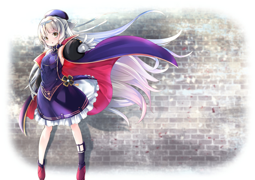 :o asymmetrical_legwear azur_lane bangs bare_shoulders beret black_legwear blue_jacket blunt_bangs breasts brick_wall brown_eyes commentary_request dress eyebrows_visible_through_hair floating_hair gloves hat head_tilt headpiece iron_cross jacket long_hair long_sleeves looking_at_viewer outstretched_arm parted_lips puffy_long_sleeves puffy_sleeves purple_dress purple_hat red_footwear shoes silver_hair single_shoe sleeveless sleeveless_dress small_breasts solo standing takara_akihito very_long_hair white_gloves z46_(azur_lane)